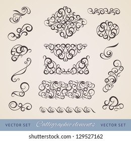 Calligraphic design elements set. Vector illustration, eps10, contains transparencies, gradients and effects.