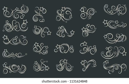 Calligraphic Design Elements. Swirls And Borders With Stars. Vector Illustration. 