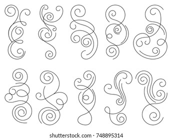 Calligraphic design elements. Thin line set of curls and scrolls for wall decoration, books, cards and tattoos. Swirls Vector Illustration. 