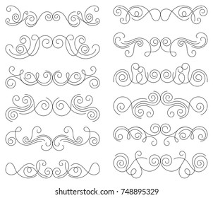Calligraphic design elements. Thin line dividers and borders. Set of curls and scrolls for wall decoration, books, cards and tattoos. Swirls Vector Illustration.