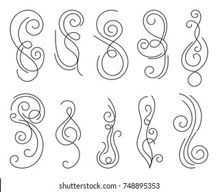 Calligraphic design elements. Thin line set of curls and scrolls for wall decoration, books, cards and tattoos. Swirls Vector Illustration. 