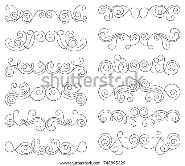 Calligraphic design elements. Thin\
line dividers and borders. Set of curls and scrolls for wall\
decoration, books, cards and tattoos. Swirls Vector\
Illustration.