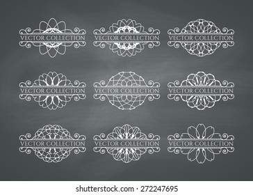 Calligraphic design elements. Vector set of page decorations on chalkboard background