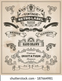 Calligraphic design elements. Vintage banner and ribbon vector set