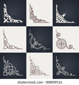 Calligraphic design elements. Vintage corners set. Lines style