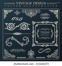 Calligraphic design elements vintage ornament set. Vector frame decor