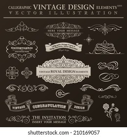 Conjunto de vintage de elementos de diseño caligráfico. Marcas de adorno vectorial y elementos de cinta de desplazamiento