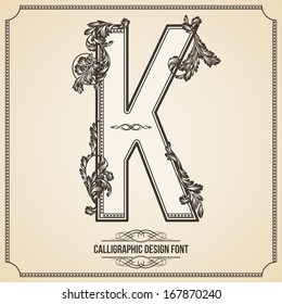 Calligraphic Design Font with Typographic Floral Elements for your Artworks. Nice for Page Decoration. Letter K