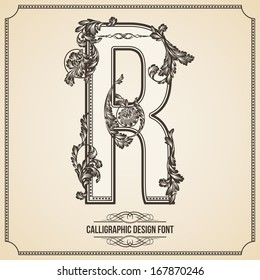 Calligraphic Design Font with Typographic Floral Elements for your Artworks. Nice for Page Decoration. Letter R
