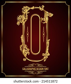 Calligraphic Design Font with Typographic Floral Elements. Premium design elements on dark background. Page Decoration. Retro Vector Gold Letter O