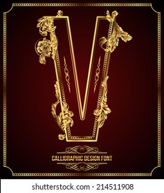 Calligraphic Design Font with Typographic Floral Elements. Premium design elements on dark background. Page Decoration. Retro Vector Gold Letter V