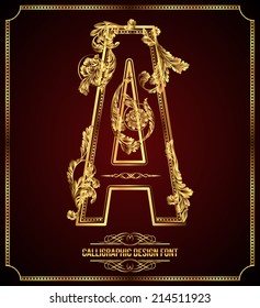 Calligraphic Design Font with Typographic Floral Elements. Premium design elements on dark background. Page Decoration. Retro Vector Gold Letter A