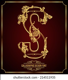 Calligraphic Design Font with Typographic Floral Elements. Premium design elements on dark background. Page Decoration. Retro Vector Gold Letter S