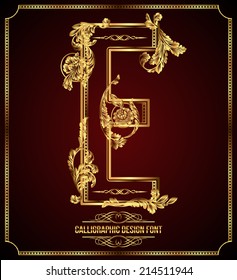 Calligraphic Design Font with Typographic Floral Elements. Premium design elements on dark background. Page Decoration. Retro Vector Gold Letter E