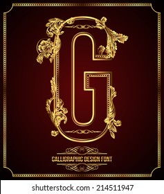 Calligraphic Design Font with Typographic Floral Elements. Premium design elements on dark background. Page Decoration. Retro Vector Gold Letter G