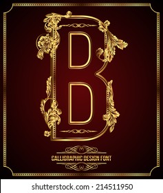 Calligraphic Design Font with Typographic Floral Elements. Premium design elements on dark background. Page Decoration. Retro Vector Gold Letter B