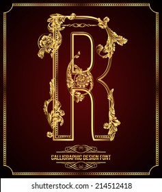 Calligraphic Design Font with Typographic Floral Elements. Premium design elements on dark background. Page Decoration. Retro Vector Gold Letter R