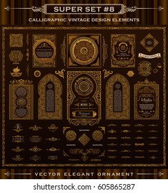 Calligraphic Design Logo Set. Vintage Crest Gold Elements. Vector Flourishes Illustration. Border Frame Collection Royal Ornament Page Divider, Menu Card, Invitations, Labels, Restaurant, Cafe, Hotel