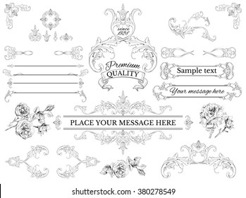 Calligraphic design page decoration elements, frames and dividers. Premium Quality Label collection with vintage engraving roses and leaves. Vector illustration