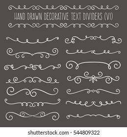 Calligraphic design set. 14 swirl single line ornaments. Hand drawn page decoration elements isolated on dark background. Vector illustration.