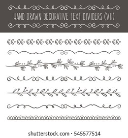 Calligraphic design set. 7 swirl single line ornaments. Page decoration elements isolated on white background. Vector illustration.