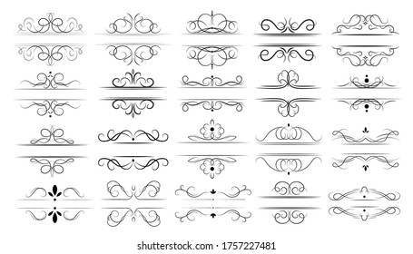 Calligraphic dividers set. Decorative elegant lines, ornamental swirls and border frames for wedding cards, vector illustration collection. Classic ornaments and decoration concept