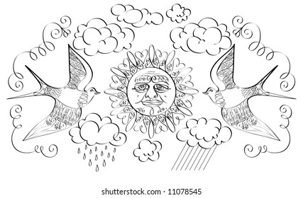 Calligraphic drawing of the sun, two birds, ??????, a rain and curlicues