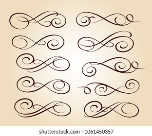 Calligraphic elegant elements of design.Vector illustration.Brown on beige.