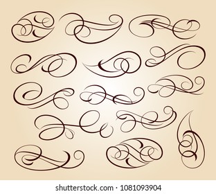 Calligraphic elegant elements of design.Vector illustration.Brown on beige.