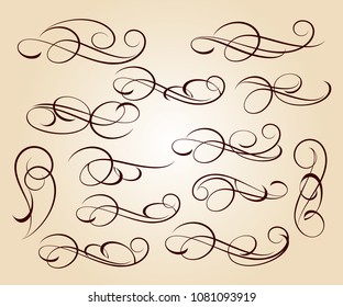 Calligraphic elegant elements of design.Vector illustration.Brown on beige.