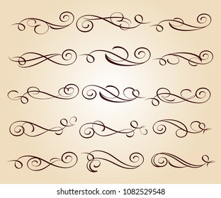 Calligraphic elegant elements of design.Vector illustration.Brown on beige.