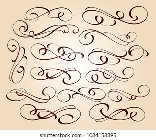 Calligraphic elegant elements of design.Vector illustration.Brown on beige.