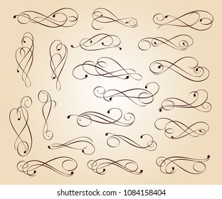 Calligraphic elegant elements of design.Vector illustration.Brown on beige.