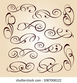 Calligraphic elegant elements of design.Vector illustration.Brown on beige.