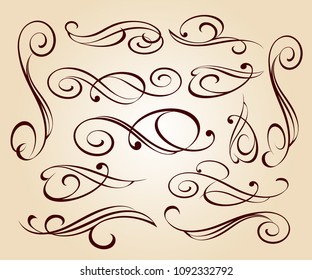 Calligraphic elegant elements of design.Vector illustration.Brown on beige.