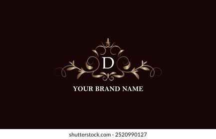 Calligraphic elegant ornament with initial letter D. Business sign, identity monogram for company brand, emblem for restaurant, royalty, boutique, cafe, hotel, heraldic, jewelry, fashion.