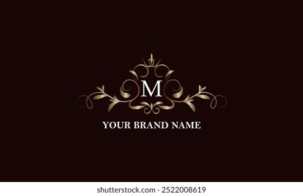 Ornamento elegante caligráfico com letra inicial M. Sinal de negócios, monograma de identidade para marca de empresa, emblema para restaurante, realeza, boutique, café, hotel, heráldico, joias, moda.
