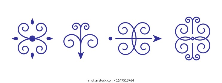 Calligraphic elegant ornaments. Flourish decorative symbols. Vector illustration, flat design