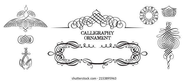 Calligraphic Element. Ornament Vintage. Decorative Swirl, Scroll, Vintage Frame, Flourishes, Divider. Retro Vector Illustration. Hand Drawn Curly Design. Filigree Divider Wedding. Calligraphy Set.