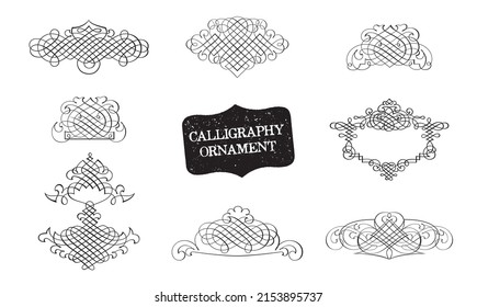 Elemento caligráfico. Conjunto de ornamentos reales. Vintage ornamento. Florece El Remolino Decorativo, La Corona Vintage. Ilustración de vectores retro. Diseño de mano dibujada. Matrimonio divisor filigrí. Caligrafía negra.