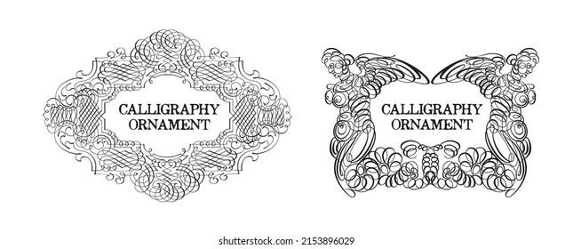 Kalligraphisches Element. Königlicher Ziersatz. Ornament Vintage. Dekorativer Swirl, Vintage Crown, Blüte. Retro-Vektorgrafik. Handgezeichnetes Design. Filigree Divider Hochzeit. Kalligrafie Schwarz.