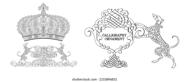 Calligraphic Element. Royal Ornament Set. Ornament Vintage. Decorative Swirl, Vintage Crown, Flourishes. Retro Vector Illustration. Hand Drawn Design. Filigree Divider Wedding. Calligraphy Black.