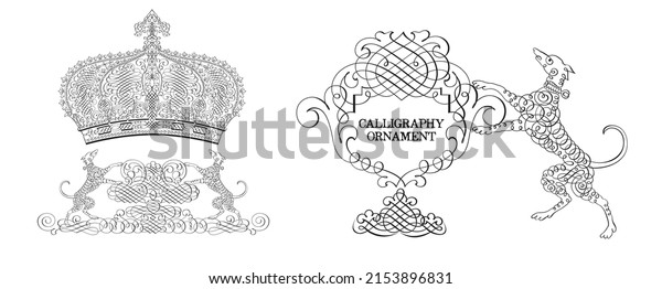 Calligraphic Element. Royal Ornament Set. Ornament\
Vintage. Decorative Swirl, Vintage Crown, Flourishes. Retro Vector\
Illustration. Hand Drawn Design. Filigree Divider Wedding.\
Calligraphy\
Black.