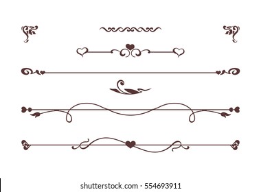 Calligraphic elements with hearts isolated on white. Vintage dividers, border with roses, flowers, love symbols. Vector card. Invitation to the celebration of wedding or Saint Valentines Day