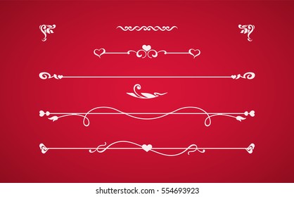Calligraphic elements with hearts isolated on red background. Vintage dividers, border with roses, flowers, love symbols. Vector card. Invitation to the celebration of wedding or Saint Valentines Day