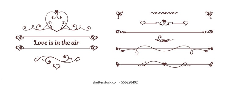 Calligraphic elements, hearts isolated on white background. Vintage dividers, border with roses, flowers, love symbols. Text Love is in the air. Vector card. Invitation to the celebration