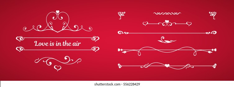 Calligraphic elements, hearts on red background. Vintage dividers, border with flowers, love symbols. Text Love is in the air. Vector card. Art nouveau Invitation to the celebration