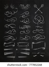 Calligraphic elements in vintage graphic style drawing with chalk on chalkboard background