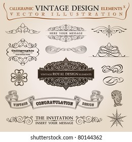 Calligraphic elements vintage set Congratulation ribbon. Vector frame ornament icons vintage elements baroque logo set, Signs and Symbols. Design and page decoration. Border frames royal ornament