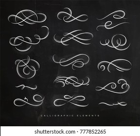 Calligraphic elements in vintage style drawing with chalk on chalkboard background